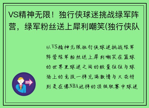 VS精神无限！独行侠球迷挑战绿军阵营，绿军粉丝送上犀利嘲笑(独行侠队的比赛)