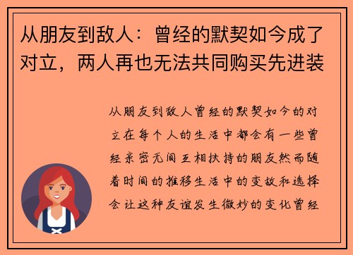从朋友到敌人：曾经的默契如今成了对立，两人再也无法共同购买先进装备