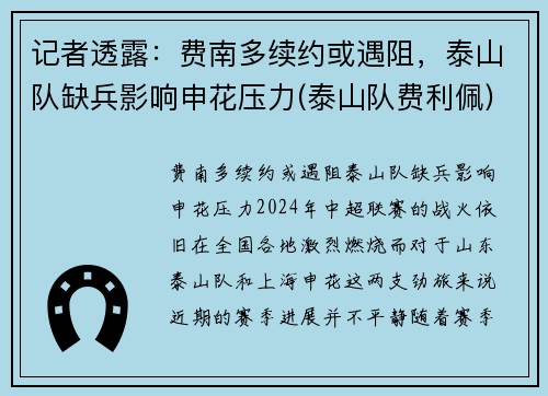 记者透露：费南多续约或遇阻，泰山队缺兵影响申花压力(泰山队费利佩)